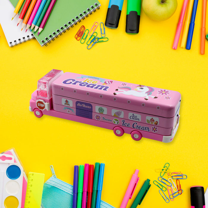 Double Decker Magic Truck Compass Multi Level Metal Truck Compass Pencil Case with Movable Wheels & Sharpener (Mix Design)