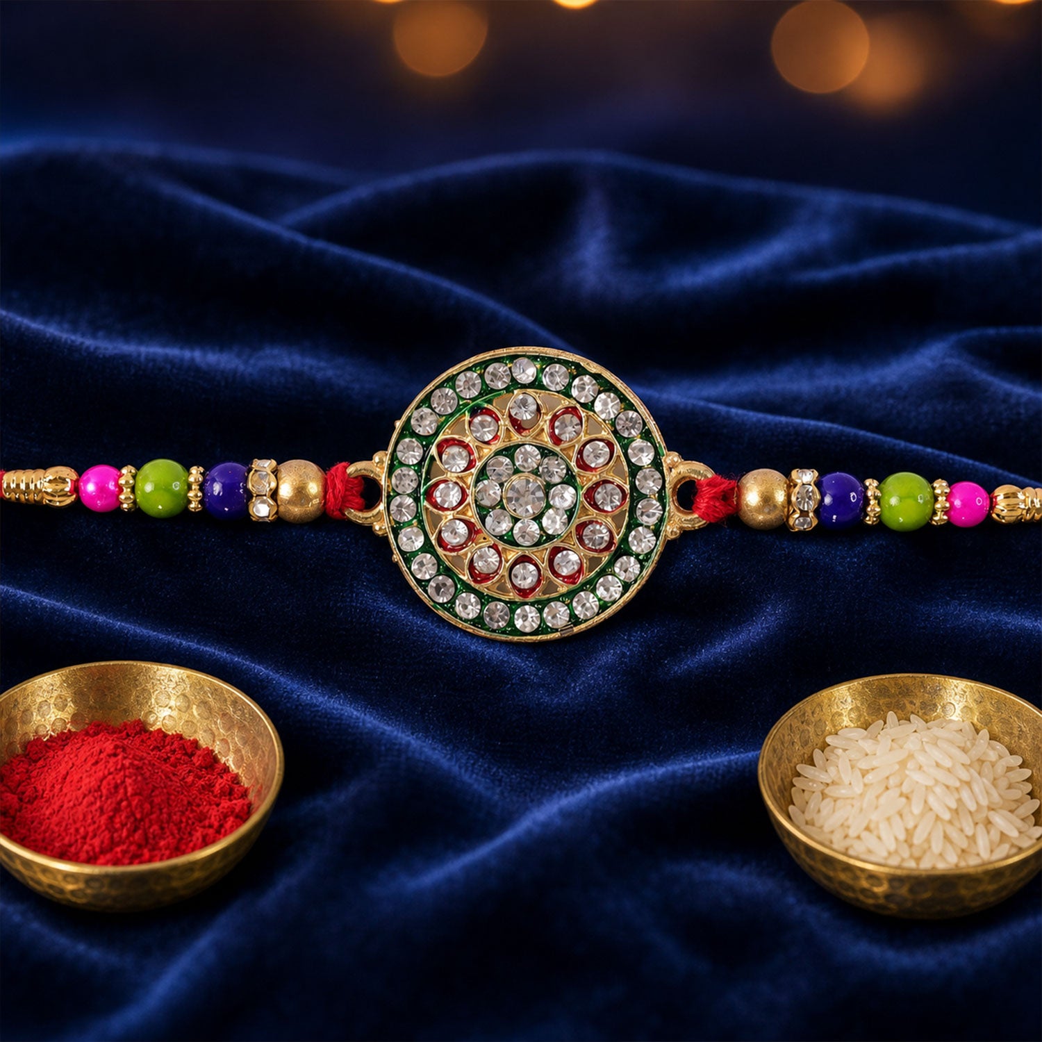 A gold and green circular Rakhi with clear stones and colorful beads is displayed on a dark blue velvet cloth with two small