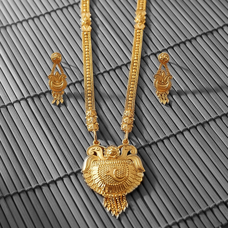 Traditional Gold-Tone Temple Style Necklace Set with Ornate Pendant & Matching Earrings
