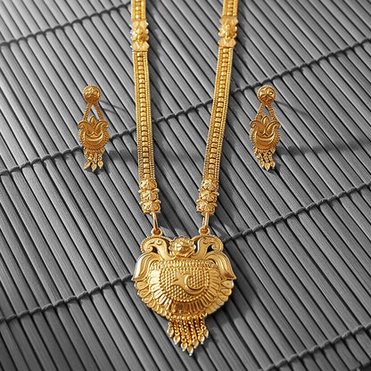 Traditional Gold-Tone Temple Style Necklace Set with Ornate Pendant & Matching Earrings
