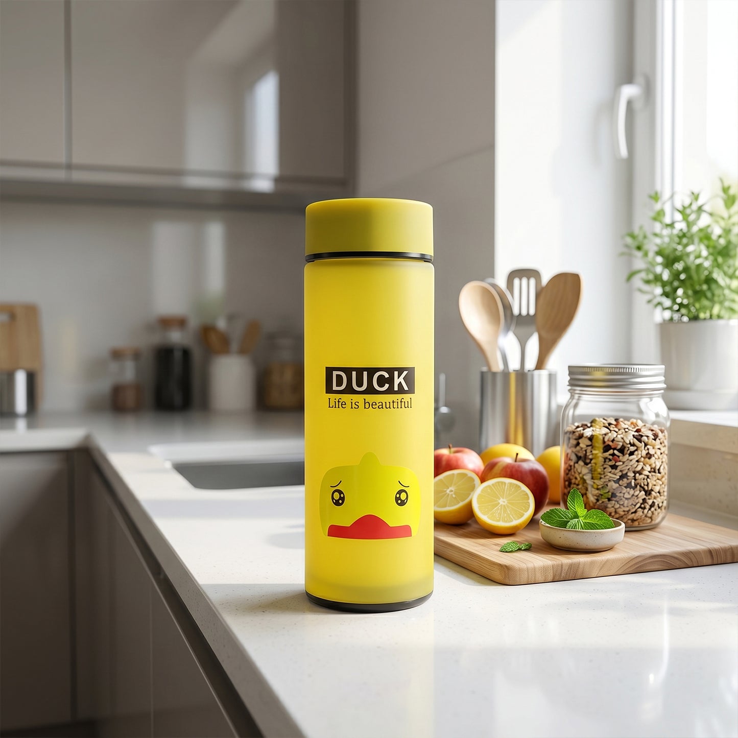 Cute Cartoon Design Frosted Glass Water Bottle with Leak Proof Lid (450 ML)