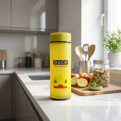 Cute Cartoon Design Frosted Glass Water Bottle with Leak Proof Lid (450 ML)