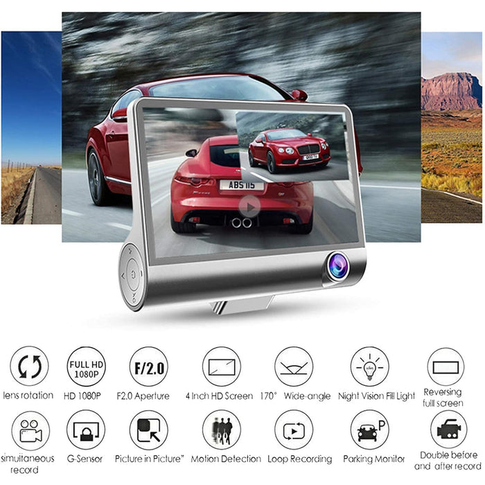 Dual Car DVR Dashboard Full HD Front and Rear Camera for Cars, Loop Recording, 4 HD Display, G-Sensor, Recording (1 Pc)