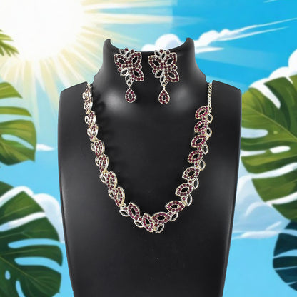 American Diamond Studded Floral Shaped Necklace With Earrings