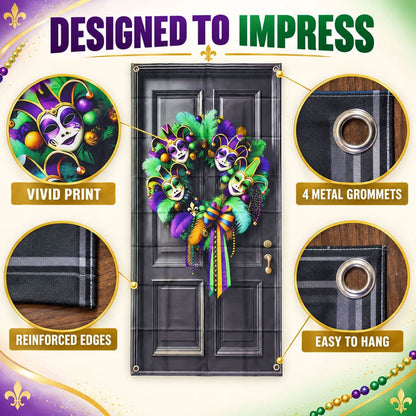 Mardi Gras Door Backdrop Curtain with Printed Wreath for Party Decor (210x110 Cm)
