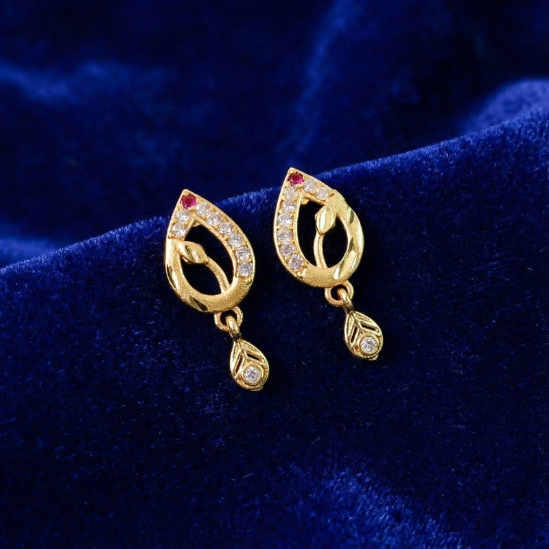 Teardrop Shape Gold Earrings with Ruby Detailing & Crystal Drops