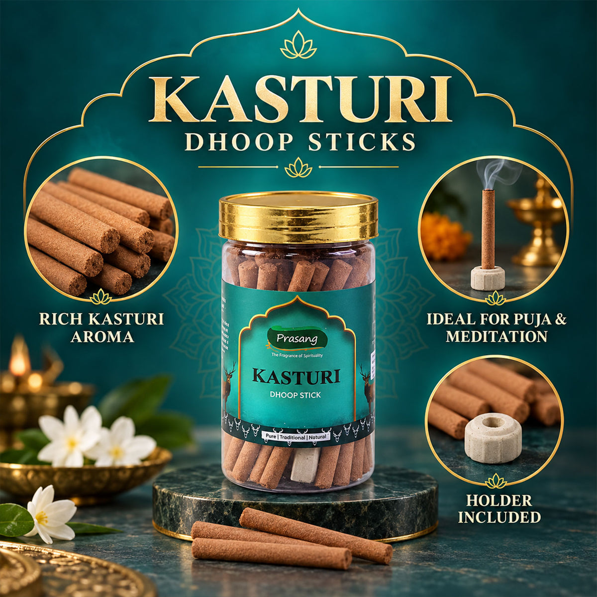 Kasturi Dhoop Sticks Jar with Holder for Daily Puja and Home Fragrance (100 Gm)