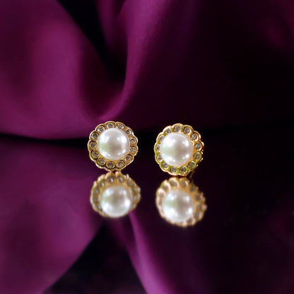 Classic Round Pearl and CZ Stone Stud Earrings for Women