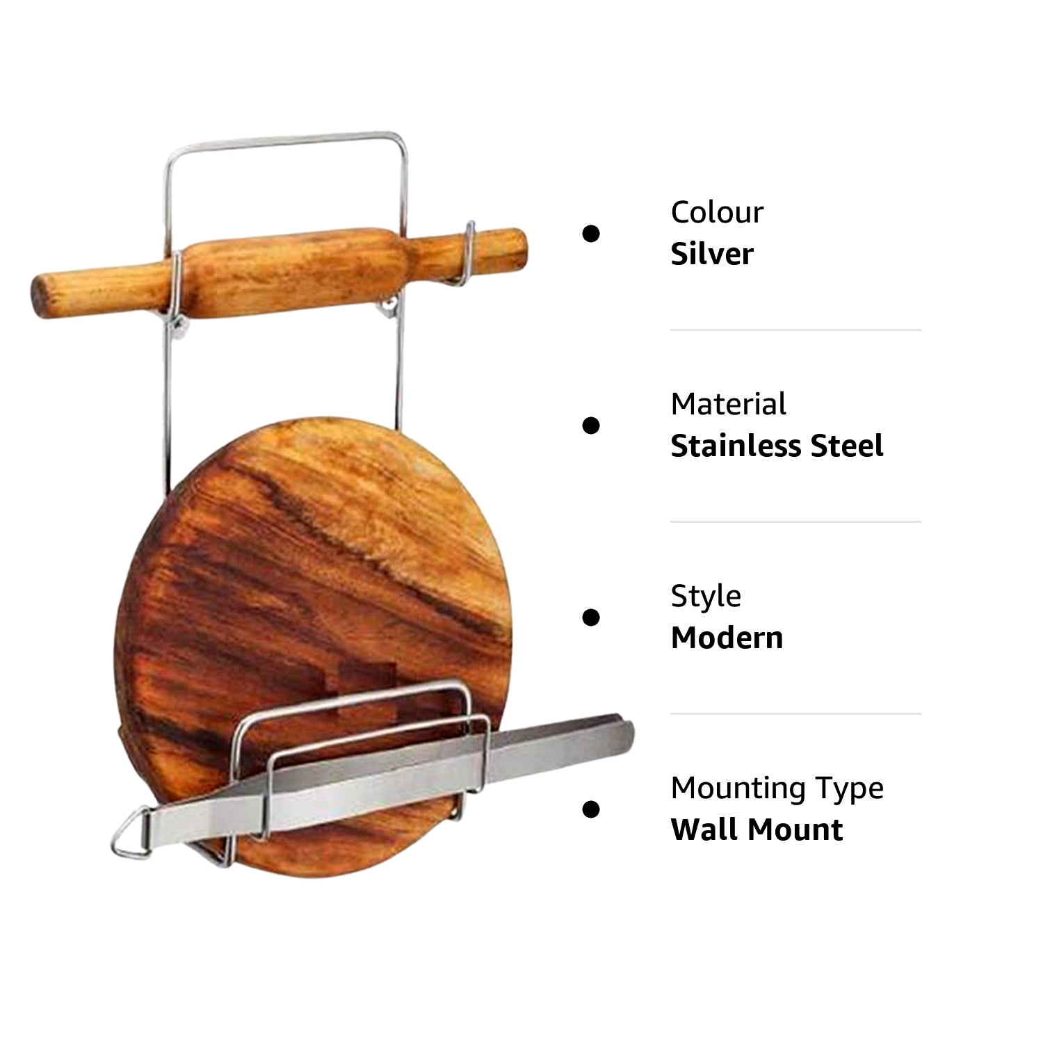 चकला बेलन चिमटा स्टैंड रोलिंग पिन बोर्ड टोंग होल्डर सिल्वर स्टेनलेस स्टील मल्टी-पर्पस रैक किचन के लिए (1 पीस)