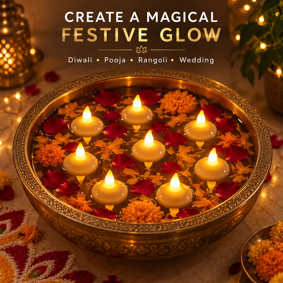 A wide shot of a brass bowl filled with water, floating LED diyas, and flowers, set against a decorated floor and blurred