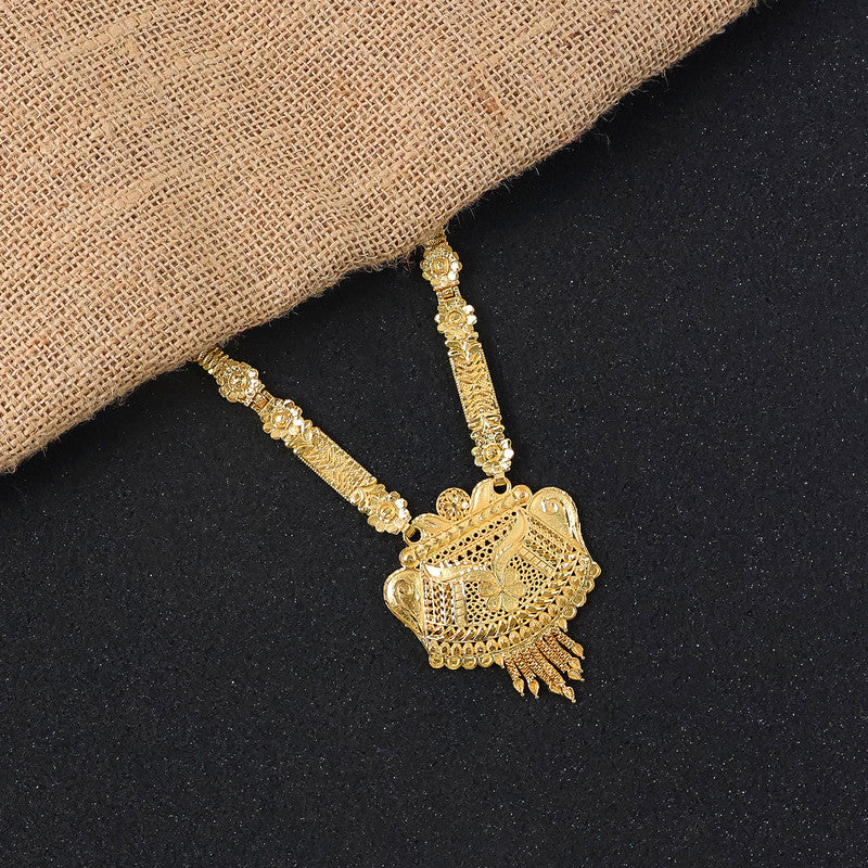 Majestic Gold-Finish Long Necklace Set with Intricate Traditional Craftwork