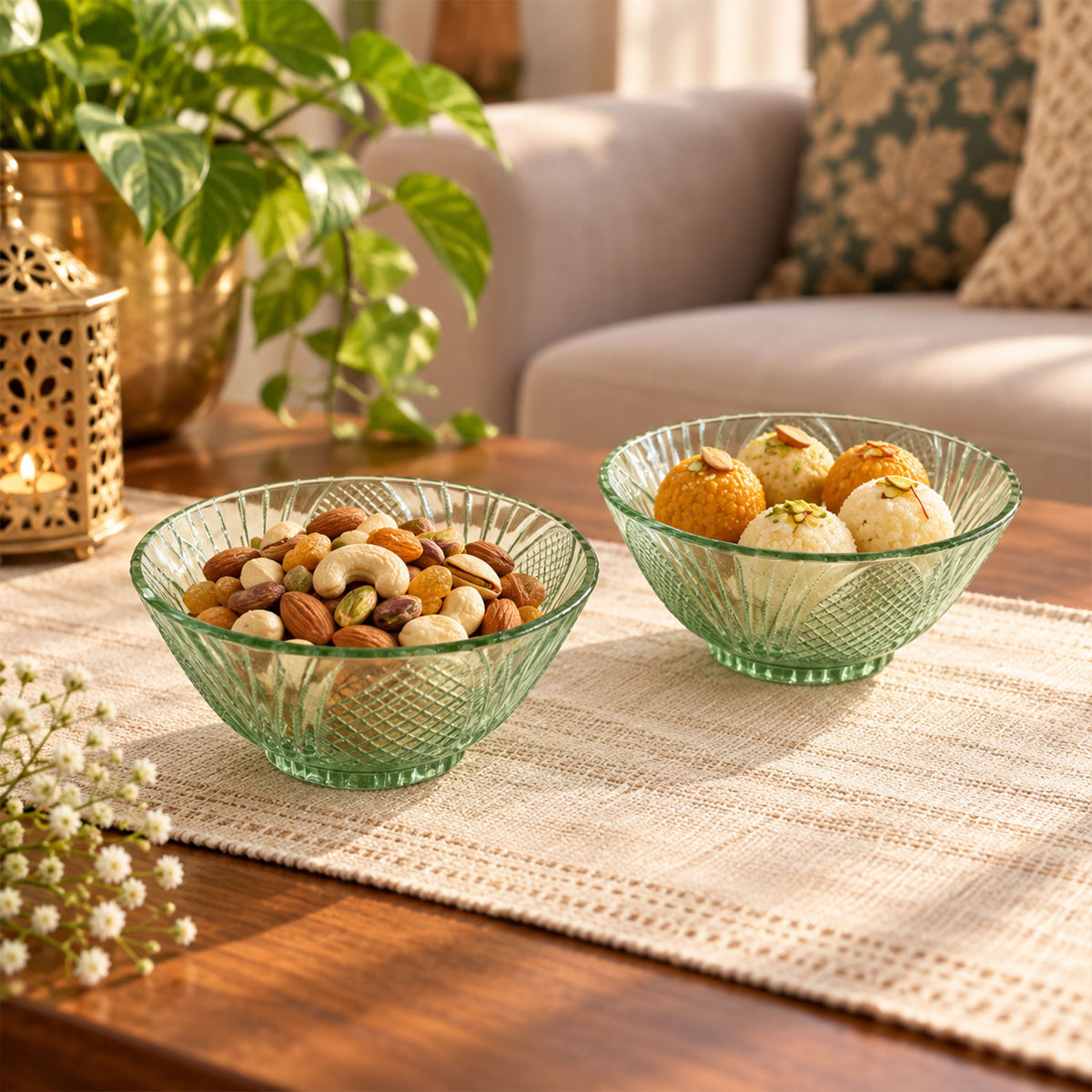 Textured Glass Bowl Set for Serving Dry Fruits, Snacks and Desserts (2 Pc Set)