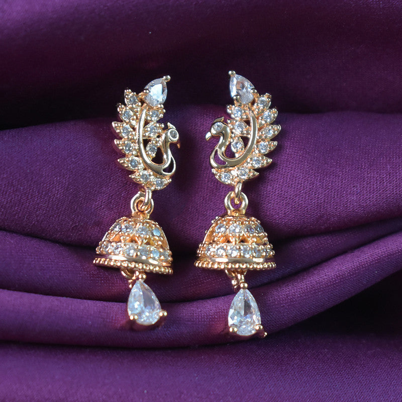 Graceful Peacock Design CZ Stone Jhumka Earrings for Women