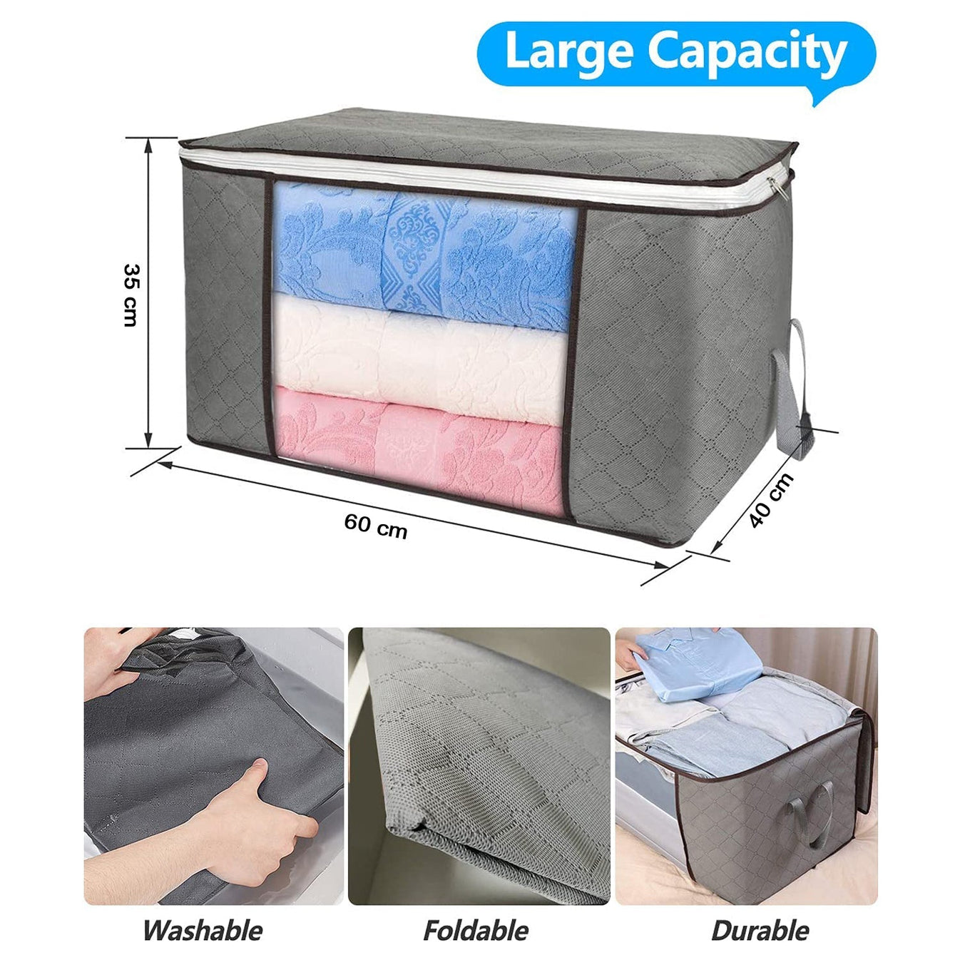 Travel Storage Bag for Clothes & Essentials | Multipurpose Clothes Organizer with Zipper, Lightweight Foldable Travel Organizer Bag for Luggage, Toiletries, Accessories, Home & Travel, Grey (Size: 35x25x10*cm) - Grey - Image 2