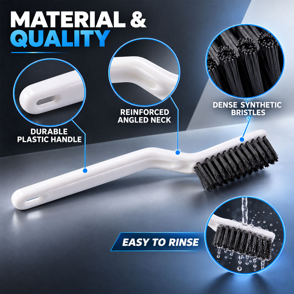A white plastic brush with black bristles is shown with callouts detailing its durable handle, angled neck, and dense