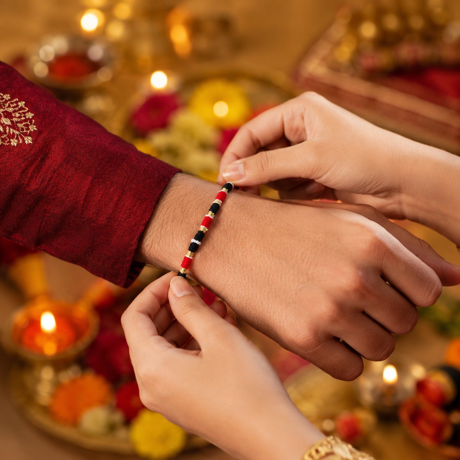 Traditional Red Black Rakhi with White Beads