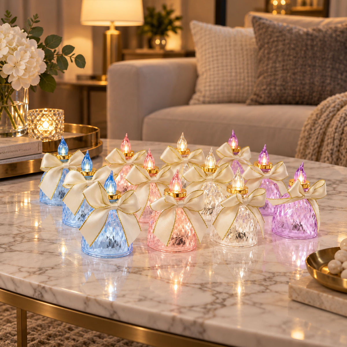 Flameless LED Candle Lights with Bow for Festive Table Decoration (12 Pc Set)