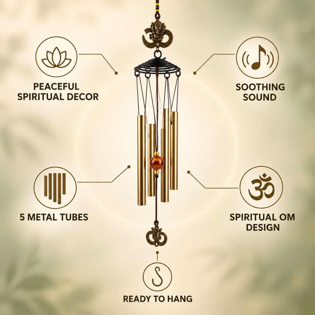 A metal wind chime with five gold-toned tubes and Om symbols, surrounded by icons highlighting its features: peaceful decor,