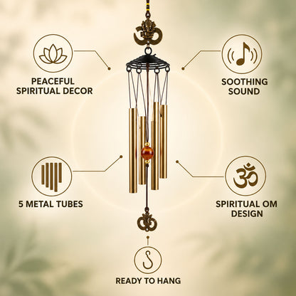 A metal wind chime with five gold-toned tubes and Om symbols, surrounded by icons highlighting its features: peaceful decor,