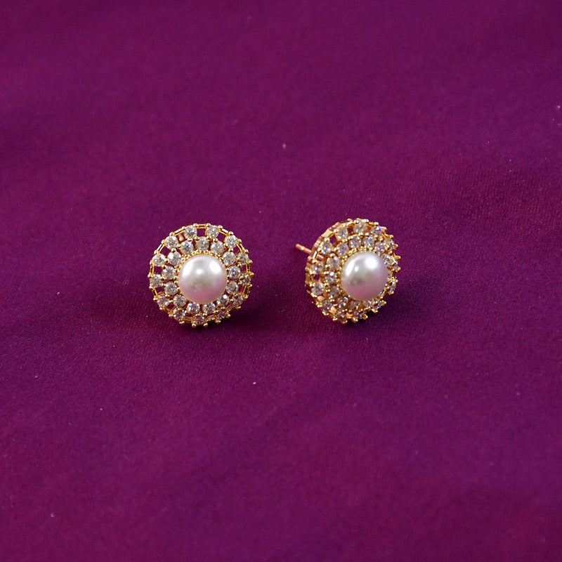 Round Pearl Stud Earrings with Crystal Border and Gold Finish for Women