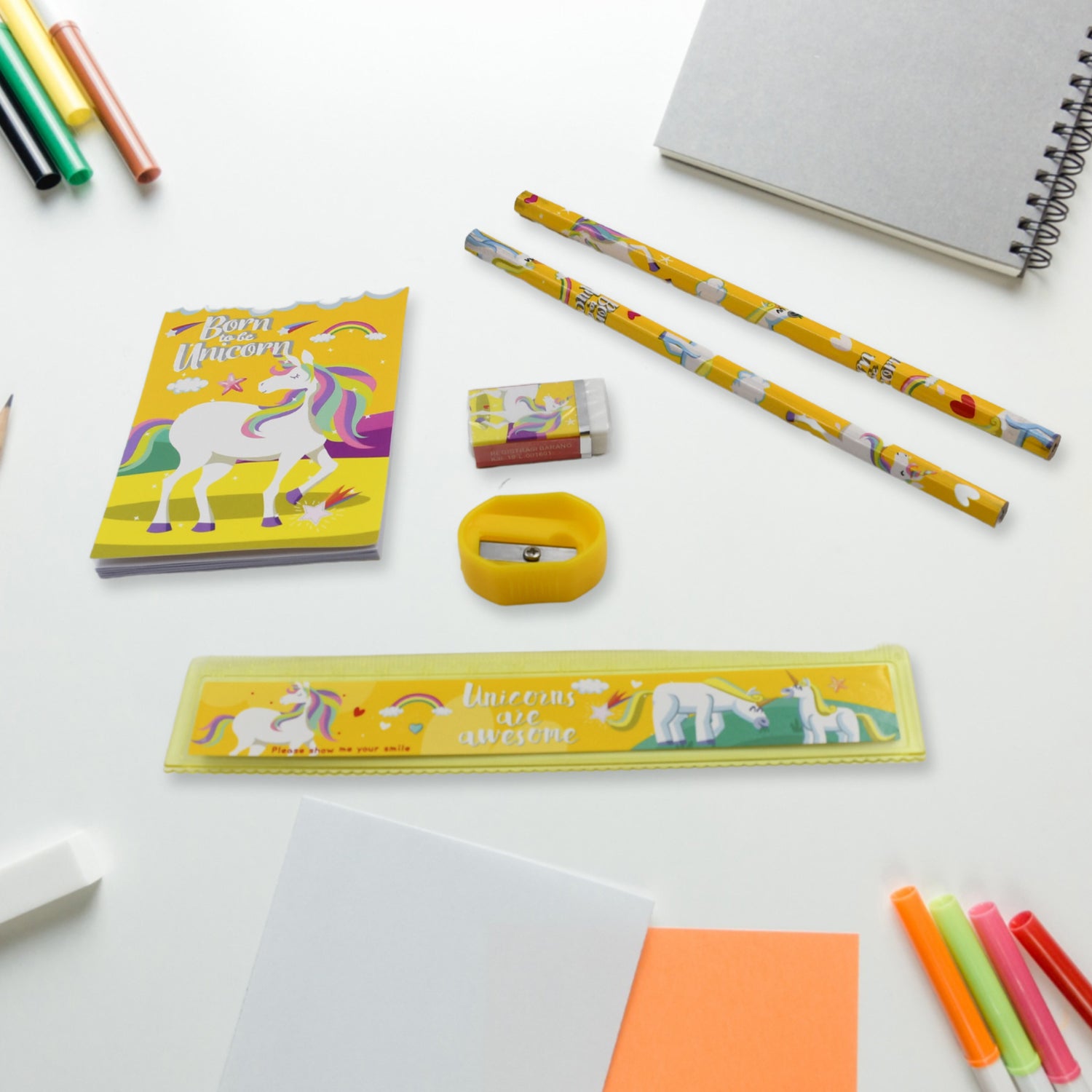 6-piece stationary set with ruler, pencils, and sharpener