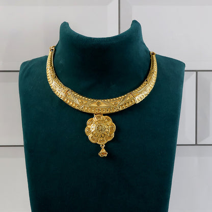 Exclusive Crescent-Style Gold-Plated Necklace Set with Traditional Engraved Detailing