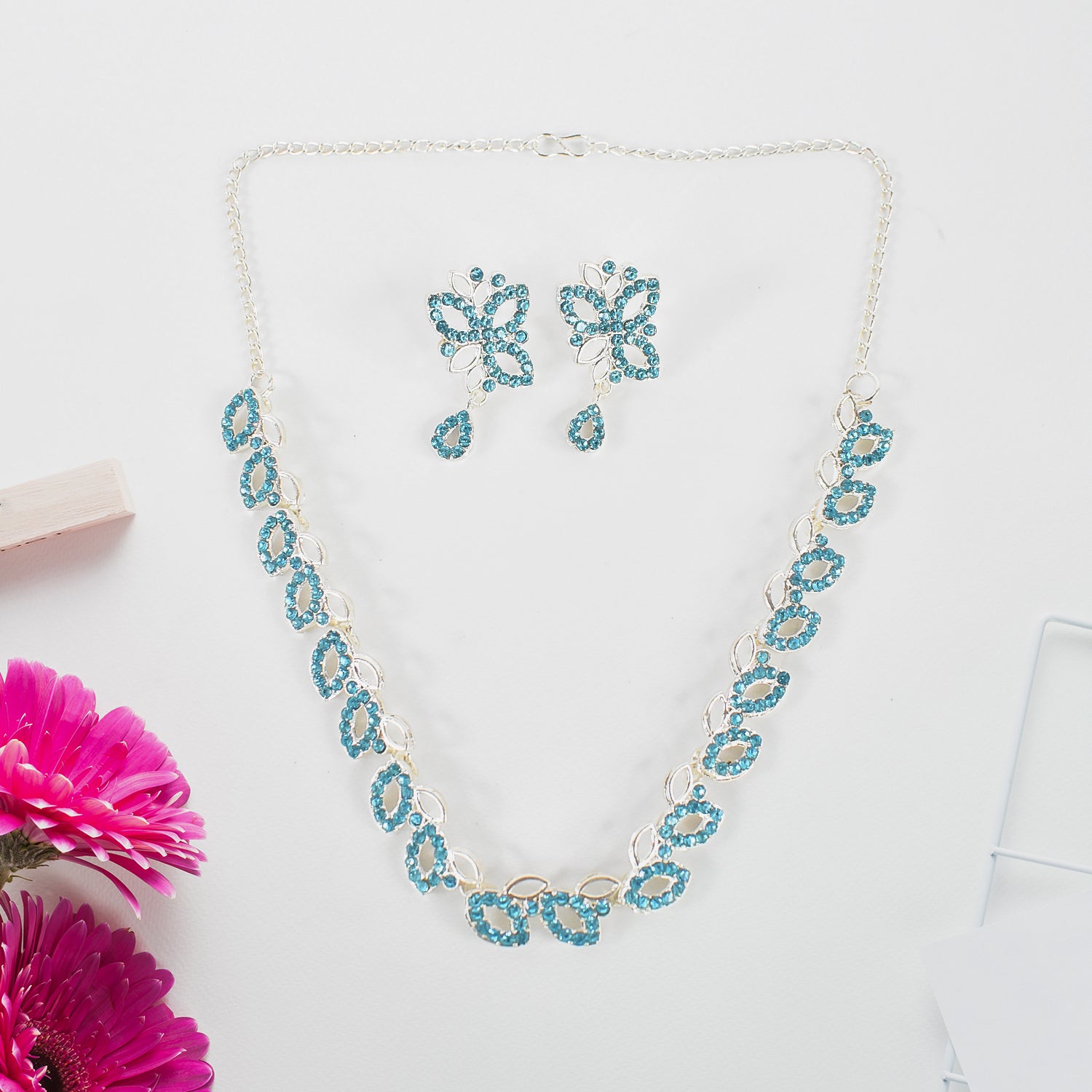 American Diamond Studded Floral Shaped Necklace With Earrings