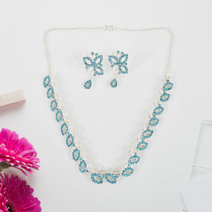 American Diamond Studded Floral Shaped Necklace With Earrings