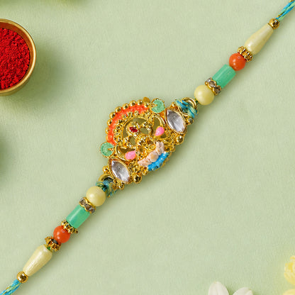 Orange Enamel Floral Kundan Pendant Rakhi with Pastel Beads