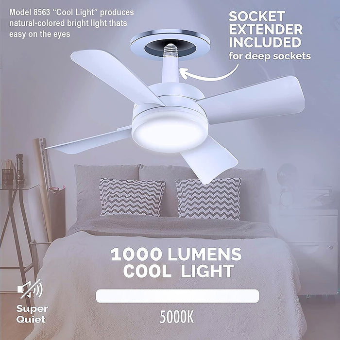 Socket Fan Light Original - Cool Light LED – Ceiling Fans with Lights and Remote Control, Replacement for Lightbulb - Bedroom, Kitchen, Living Room,1000 Lumens / 5000 Kelvins Cool LEDs (Remote Battery Not Included)