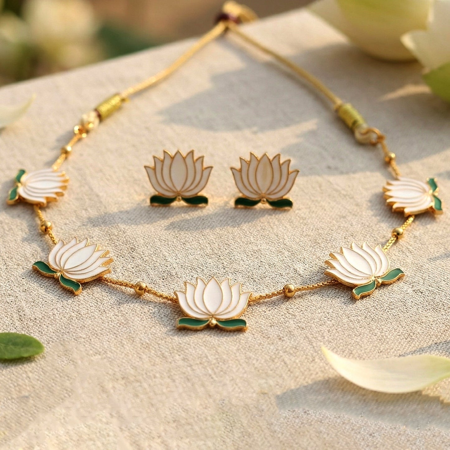White Lotus Necklace Set – Adjustable Thread Traditional Jewellery