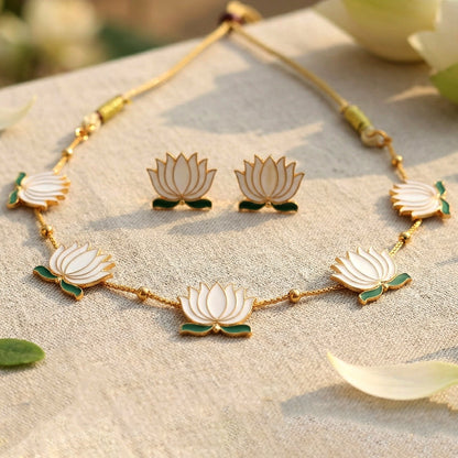 White Lotus Necklace Set – Adjustable Thread Traditional Jewellery