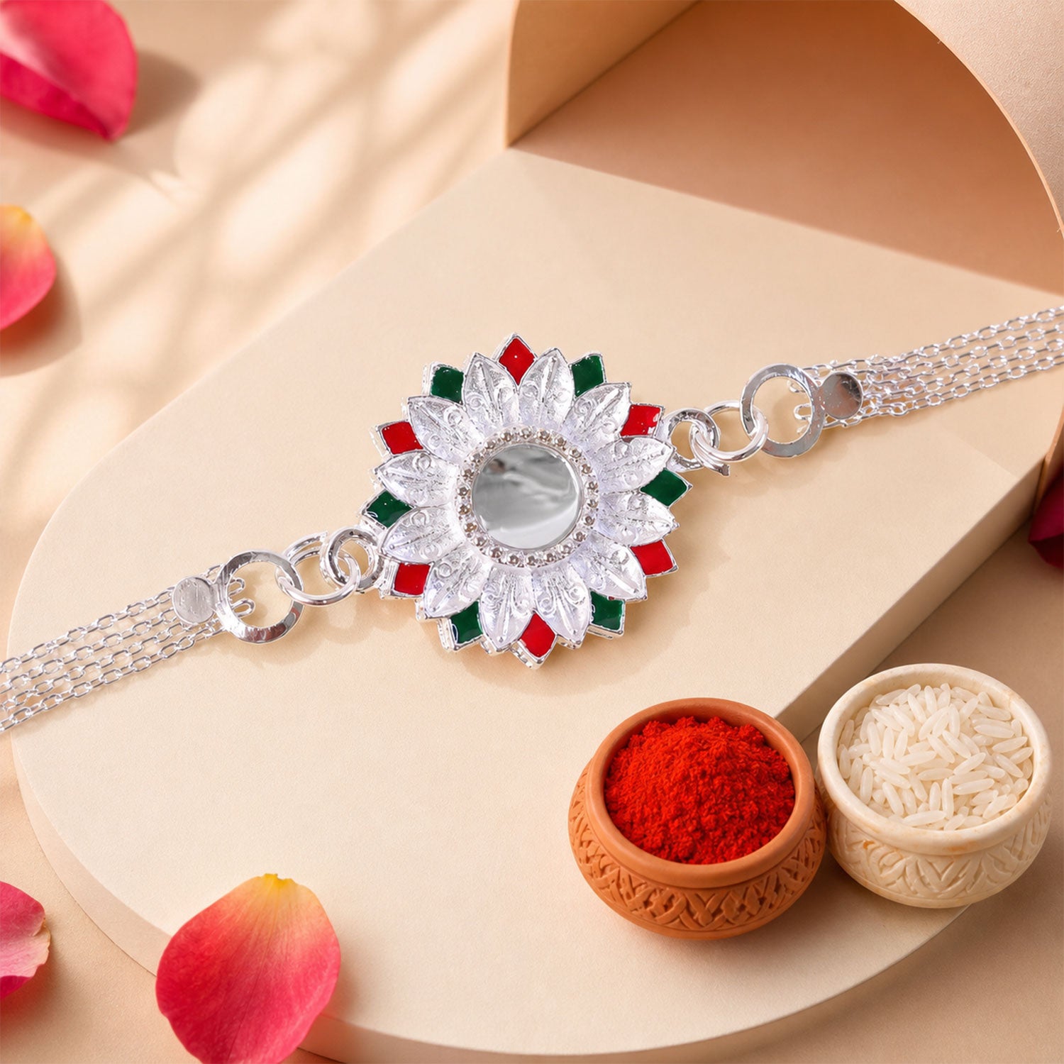 Silver Lotus Mandala Floral Enamel Crystal Stone Chain Rakhi