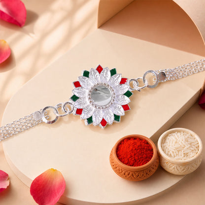 Silver Lotus Mandala Floral Enamel Crystal Stone Chain Rakhi