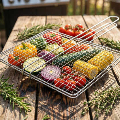 Outdoor barbecue grill basket on grill with food