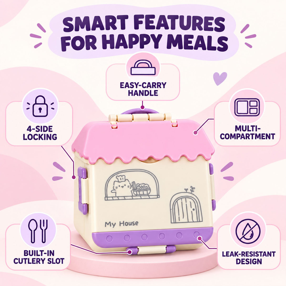 House Shape Plastic Kids Lunch Box with Handle and Spoon Fork (17 x 17 x 6.5 Cm)