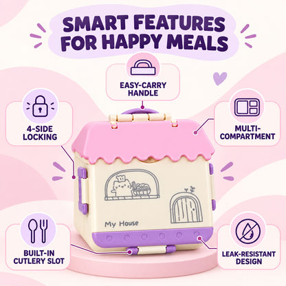 House Shape Plastic Kids Lunch Box with Handle and Spoon Fork (17 x 17 x 6.5 Cm)