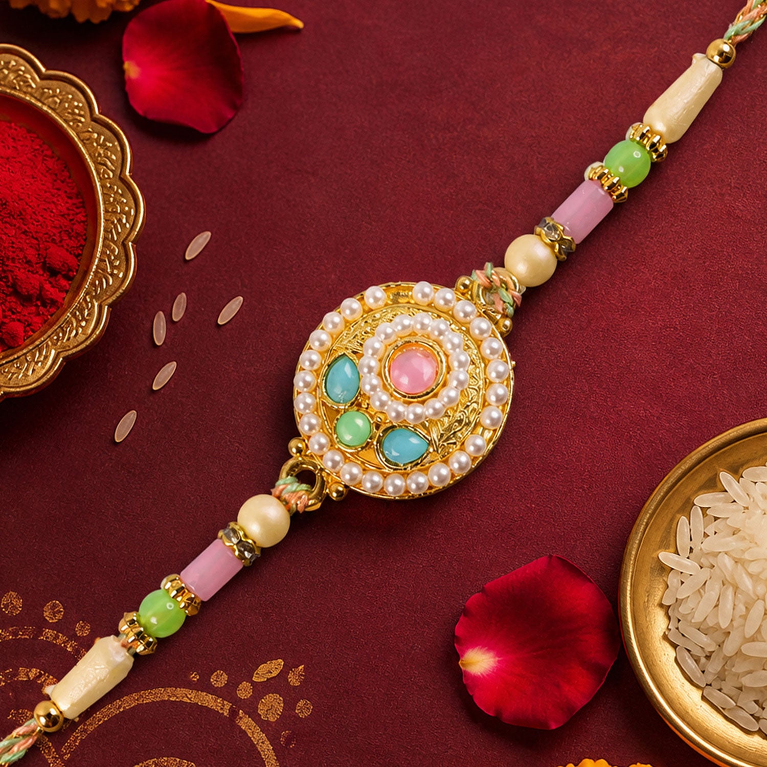 Pearl Bordered Round Pendant Rakhi with Turquoise and Pink Center