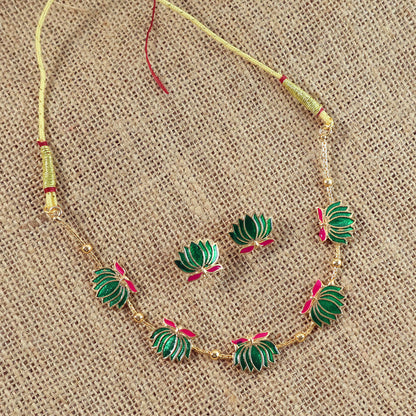 Traditional Green & Lotus Motif Jewellery Set