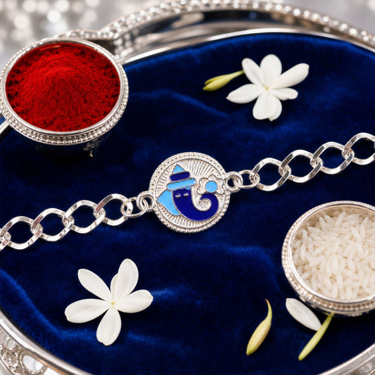 Round Ganesh Motif Enamel Silver Chain Designer Rakhi for Brother