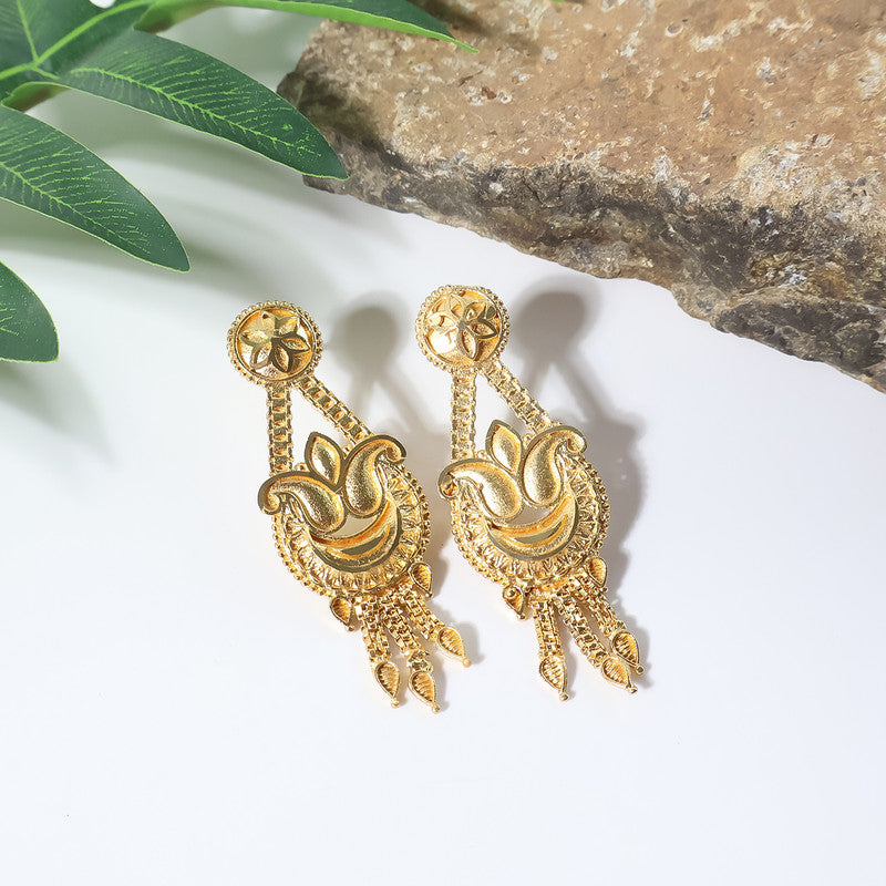 Gold-Tone Ethnic Necklace Set with Intricate Pendant and Matching Drop Earrings