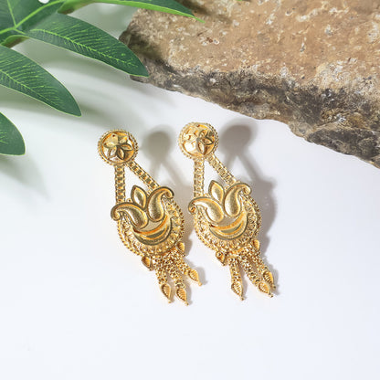 Gold-Tone Ethnic Necklace Set with Intricate Pendant and Matching Drop Earrings