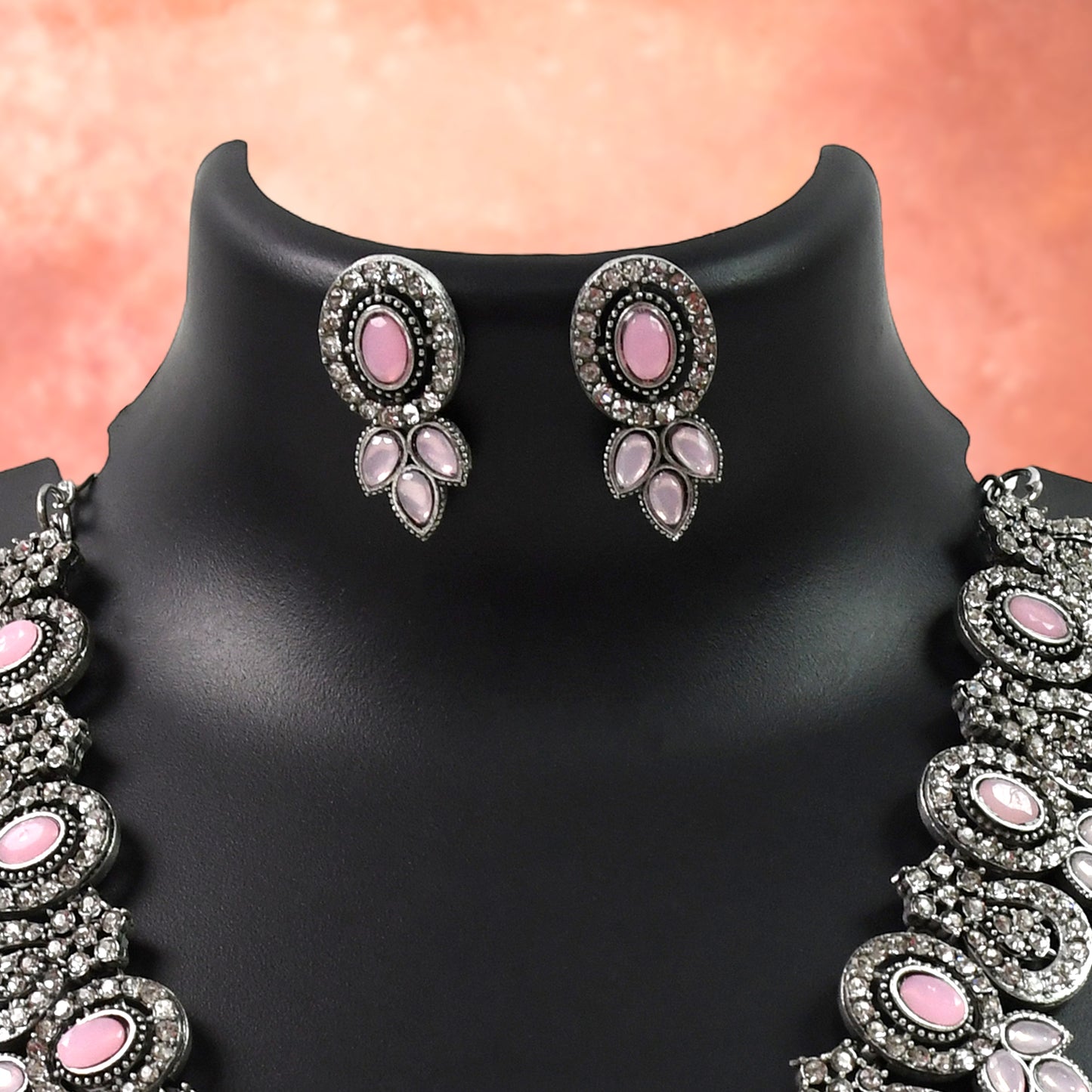 Exquisite Pink & White Diamond Necklace Set - Radiant Elegance