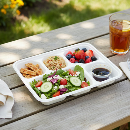 Vegnar 5 Compartment Compostable Bagasse Meal Tray 10 Pcs Set