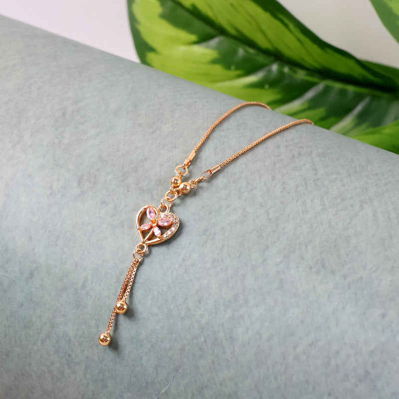 Heart Charm Drop Pendant Necklace – Elegant Gold-Plated Chain with Pink Stones