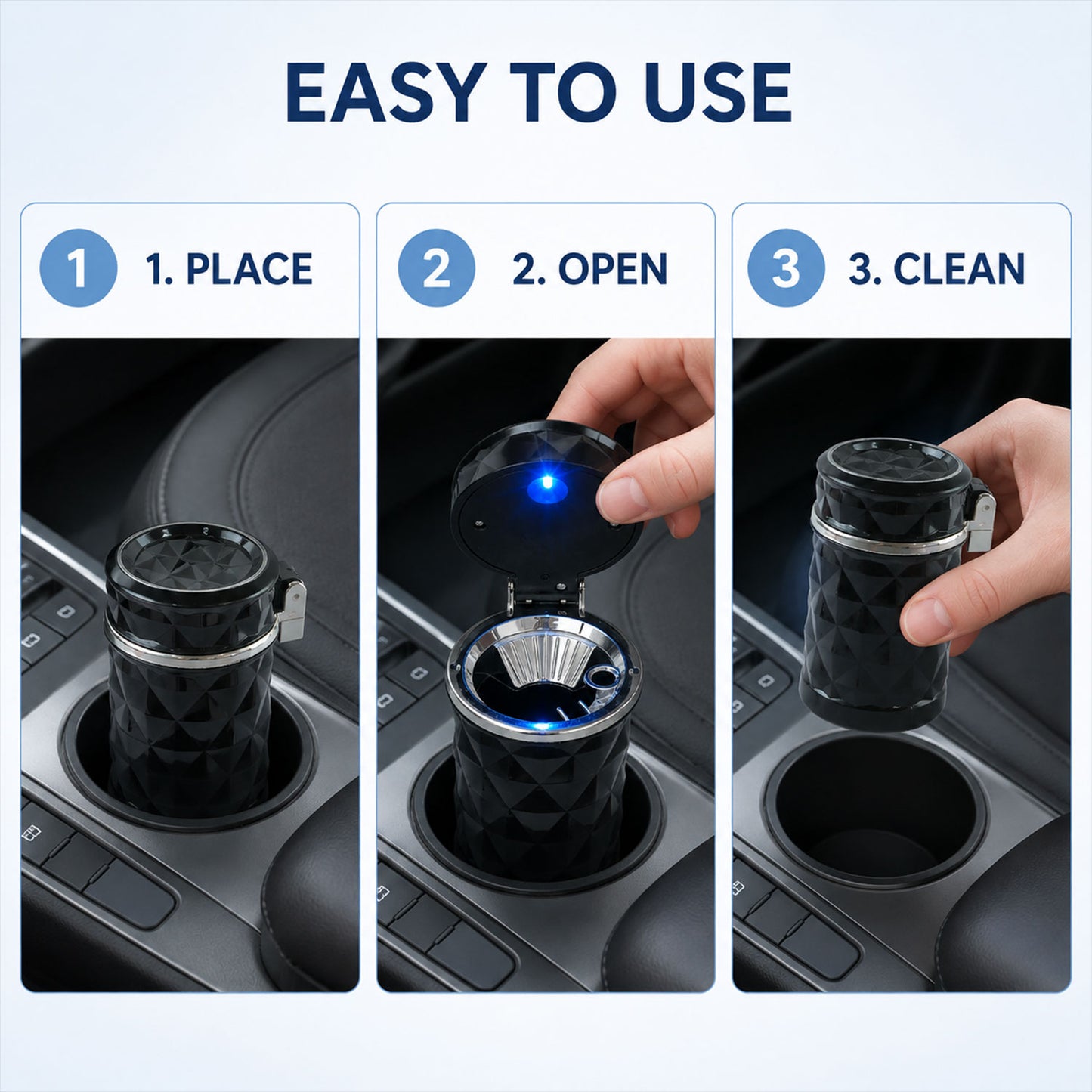 Car Cupholder Ashtray – LED Light, Lid & Portable Bin | Velvet Wheels