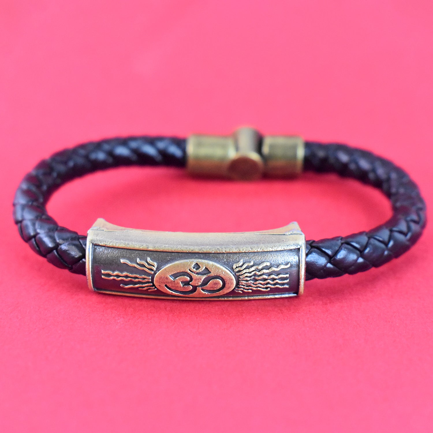 Om Charm Magnetic Gold Clasp, Black Leather Bracelet