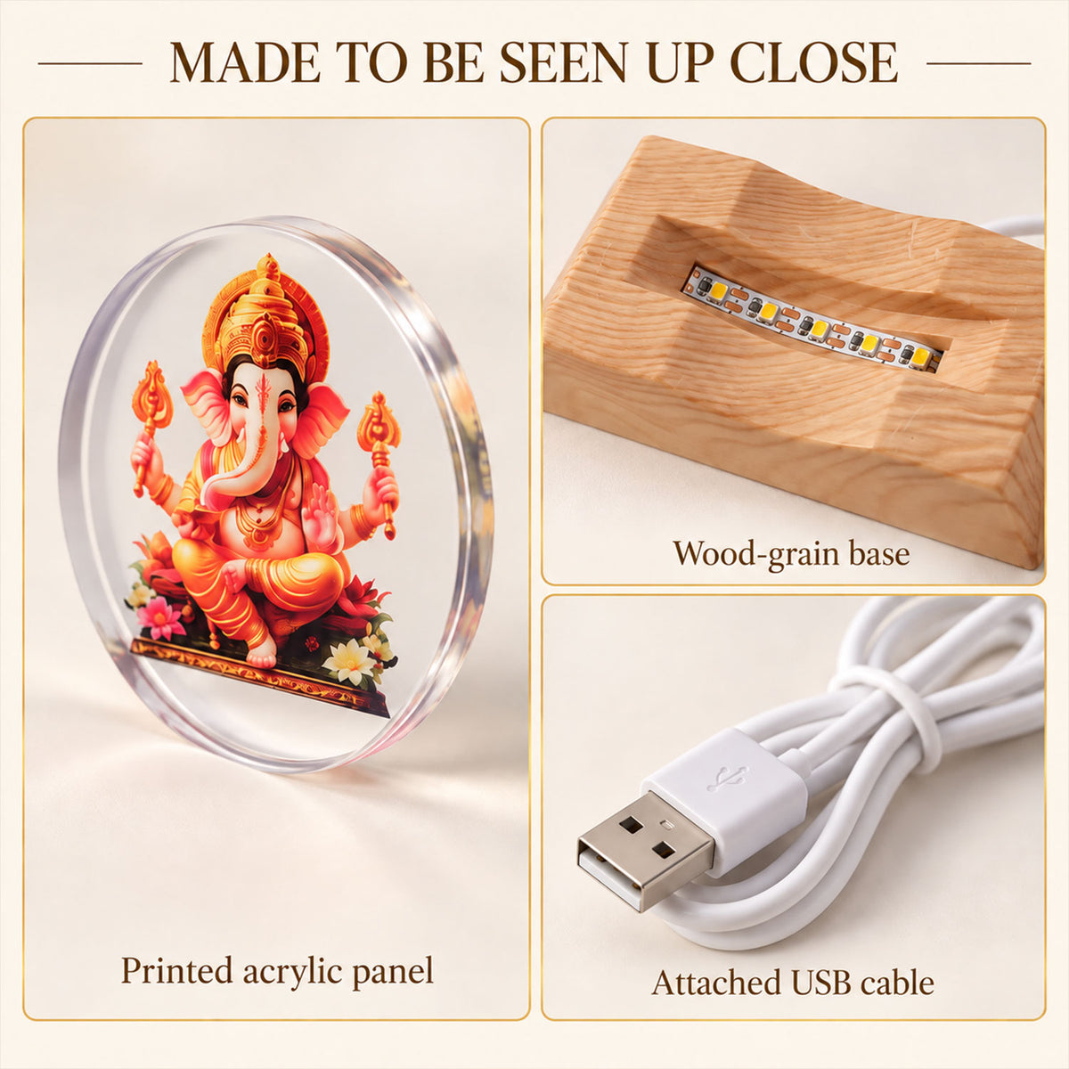 3D Ganesha Acrylic LED Lamp with Warm Golden Glow for Decor (1 Pc)