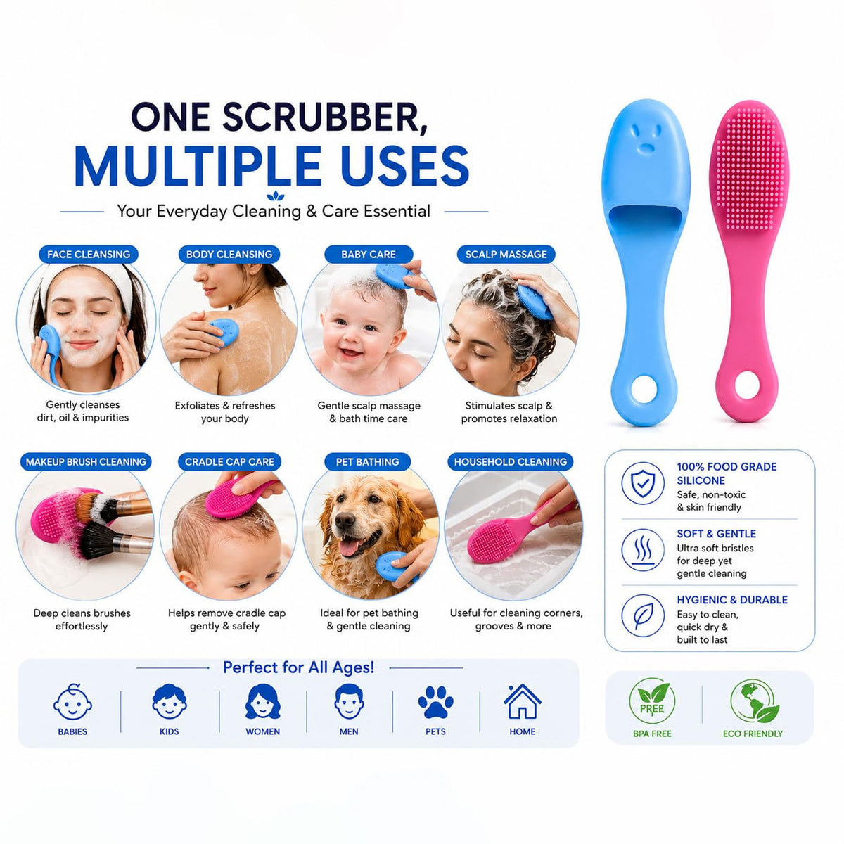 Silicone Face Cleansing Brush with Handle, Soft Facial Scrubber Set (2 Pc)