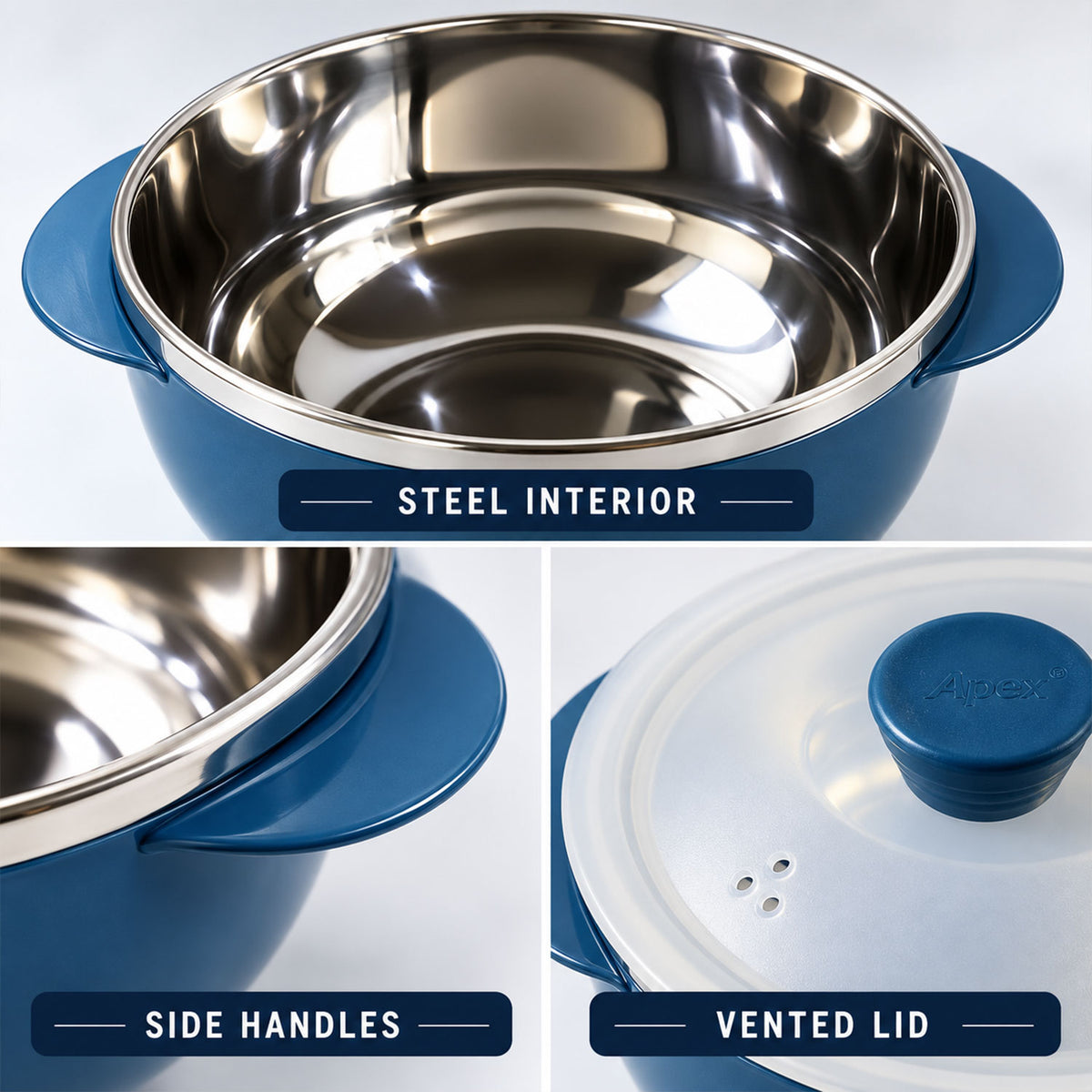 Apex Hot and Serve Serving Bowl Set with Lids, Steel Inner Casserole (3 Pc Set)